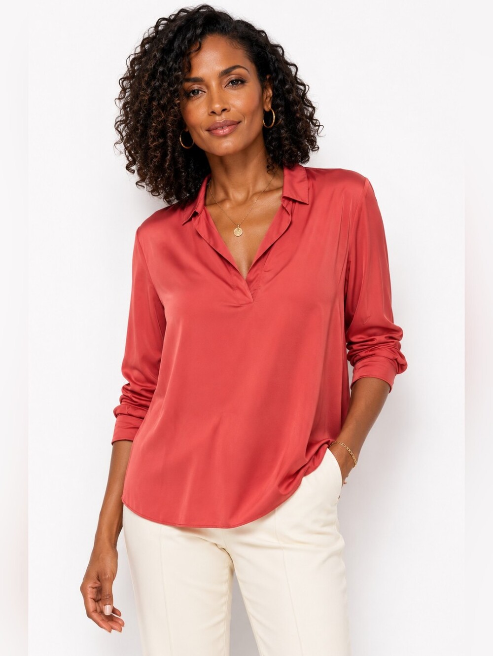 Kobi Halperin Silk Blend V-Neck Blouse XL Coral Pink